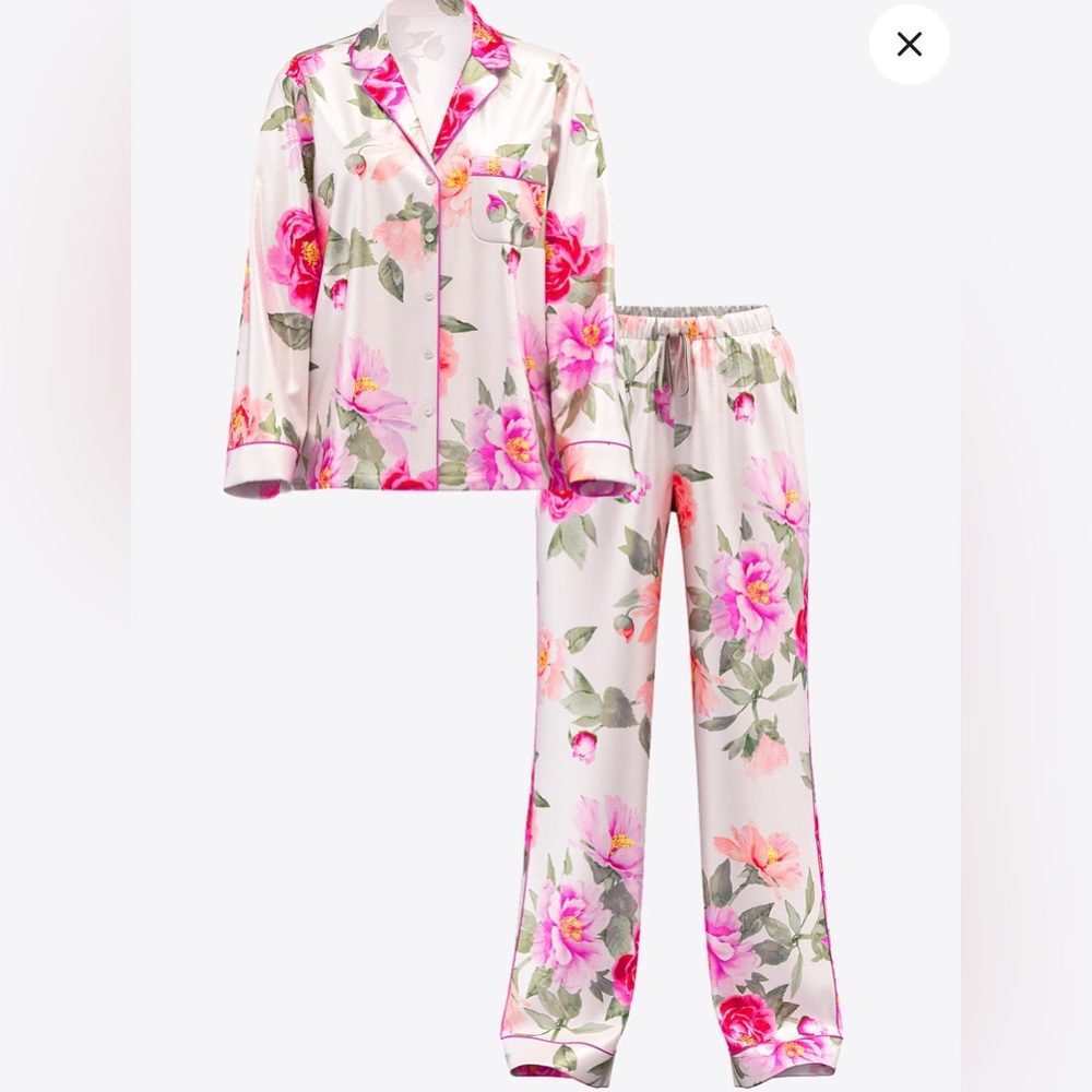 VICTORIA'S SECRET - Glazed Satin Long Pajama Set - Coconut White/New Peony Flora